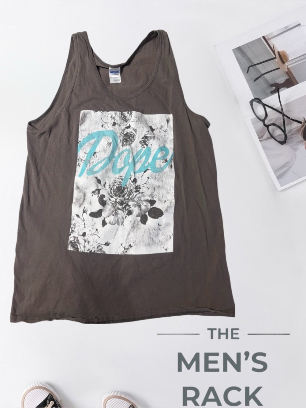 Dope Floral Graphic Tank Top in Brown with Aqua Script
